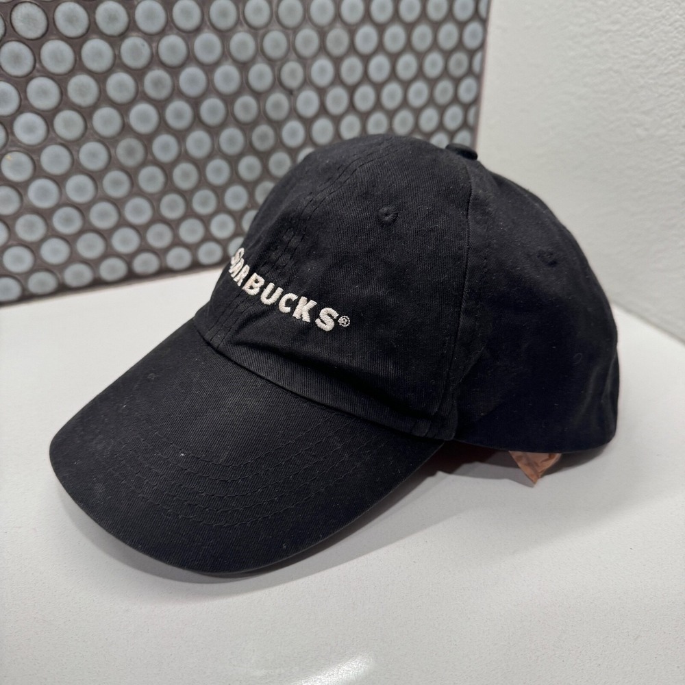 Starbucks Hat Cap Spellout Strap Back Black Employee Adjustable - Picture 2 of 7